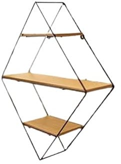HomeZone Wooden Diamond Shaped Shelves - Metal Floating Shelves, Wall Mounted Geometric Shelving Unit Hanging Indoor Ladder Shelf Large Home Decor Accessories for Bathroom, Living Room, Hallway