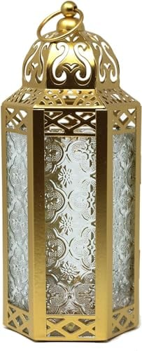 Linterna de Vela marroquí Lámpara Decorativa para Mesa o Colgante, Decoraciones de Ramadán, decoración Interior del hogar, Patio o Porche al Aire Libre, Bodas, Metal Oro, Vidrio Claro, Mediano