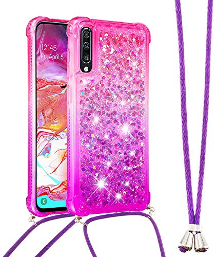 Handykette Handyhülle für Samsung Galaxy A7 2018 Hülle,Glitzer Quicksand kreatives Fließende Flüssigkeit schwimmt Silikon Case mit Umhängeband Handykordel Band Kette für Galaxy A7 2018,YB GS Pink Zi