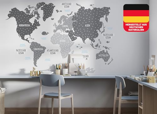 osomhome - Wandtattoo Weltkarte Kinder - *Deutsch* [120x80cm] Pastell grau | Wandtattoo Kinderzimmer Junge & Mädchen, Wandsticker Kinderzimmer Jungen, Wanddeko | World Map Wall Decoration | os5025