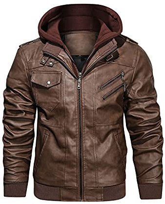 HOOD CREW Giacca casual da motociclista in pelle sintetica da uomo con cappuccio rimovibile, marrone, XL