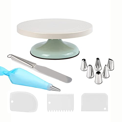 Piatto Girevole per Torte,con spatola torta, beccucci sac a poche, ac a poche silicone, Base Rotante per Decorare Dolci, design della torta nuziale, ciano