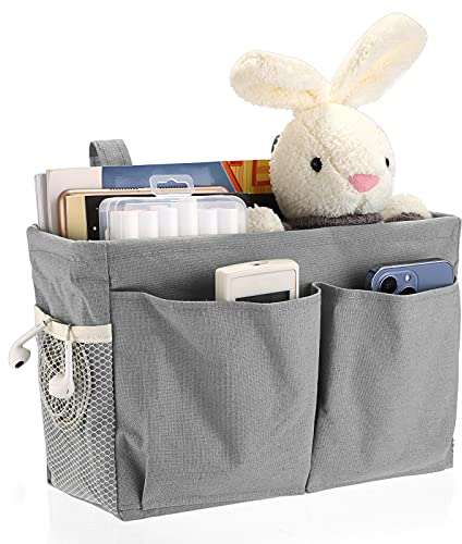IGNPION Canvas Bedside Hanging Storage Bed Pockets Baskets-Adjustable Hanging Tape Dormitory Bed Organiser Caddy Mulit-purpose Hanging Storage Bag for Home Office School Dorm Hospital, GREY