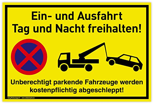 Cartel de entrada y salida | plástico 30 x 20 cm | día y noche libre sin justificar vehículos aparcantes se desplaza | amarillo | señal de plástico con protección UV | Dreifke®