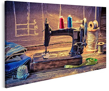 islandburner Bild auf Leinwand Vintage Tailor Workshop Nähmaschine Stoff und Schere Bilder Drucke für Wohnzimmer