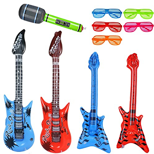 10 stück größe buntes aufblasbare Instrumente Spielzeug,enthält: 2xaufblasbare Gitarre(93cm),2×aufblasbare Bass(60cm),1×aufblasbares mikrofon(25cm),5×Shutter Shading gläser