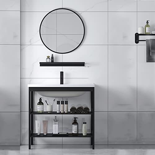 Waschbecken Waschtisch aus Keramik mit Wandspiegel rund, Handwaschbecken Spülbecken Küchenspüle Waschschale Freistehend Waschplatz Keramikwaschbecken Kitchen Sink Becken Spültisch Standwaschbecken