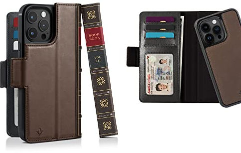 Twelve South BookBook für iPhone 14 Pro Max | MagSafe-kompatible Vollnarbenleder-Schutzhülle mit Ständer + Abnehmbarer Stand-Alone-Leder-Akzent-Hülle, Braun