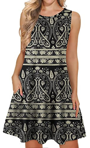 WNEEDU lässiges Sommerkleid Damen Ärmellose Tank Strandkleider T-Shirt Kleid mit Taschen
