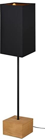 Reality Leuchten Stehleuchte Woody R40171080, Metall Schwarz matt, Fuß Holz, Stoffschirm schwarz/goldfarbig, exkl. 1x E27