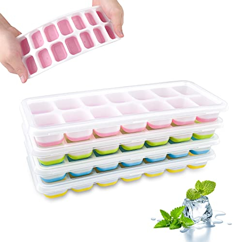 Ceisazira Lot de 4 Bacs à Glaçons, Empilable Bac a Glacons Avec Couvercle, Ice Tray Sans BPA, Reutilisable Bac Glacon, Moule à Glaçons en Silicone pour Boissons, Whisky, Cocktails, Nourriture Bébé