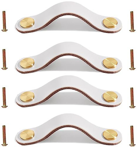 Yuaaoh Poignées Cuir de Placard 4 Pièces Poignées Cuir pour Tiroir Boutons de Porte Cuir Bouton Meuble Cuir Poignée en Cuir Délicat avec Vis pour Armoires de Cuisine 16.8cm Crème Blanc