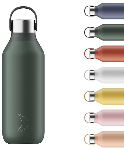Chilly's Series 2 Water Bottle - Stainless Steel Thermal Bottles with Double Wall Vacuum, Soft Collar & Carry Loop - Pine Green, 500ml