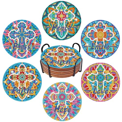 Valdivia Diamond Painting Untersetzer mit Halter, 6er Mandala-Kreuz Diamond Art Painting für Erwachsene Kinder Anfänger, DIY Diamant-Malsets, Kreativ Bastelbedarf und Heimdekoration Geschenke