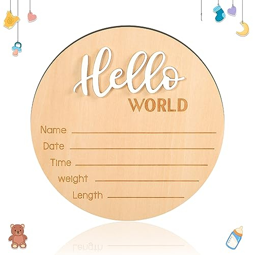Cartel de Anuncio de Bebé, 15cm Madera Cartel de Recién Nacido de Hello World Tarjetas de Bebe Placas de Anuncio de Nombre de Bebé para Accesorios de Fotos Baby Shower Hospital Guardería