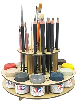 HobbyHold Holz Rund-Organizer für Modellbau: Farben & Pinsel Ständer - Farbständer - Paint Rack Organisator - Modellbau-Pinsel- & Stifthalter - Pinselhalter - Farbhalter Malpinselhalter - Farbregal