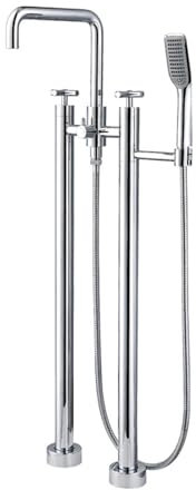 SWHC Mitigeur de Baignoire Ilot, Robinet de Baignoire Ilot avec Douchette Robinet de Baignoire sur Pied Robinet Salle Bain Laiton Double Colonne 2 Modes Robinet Nitigeur au Sol Chrome