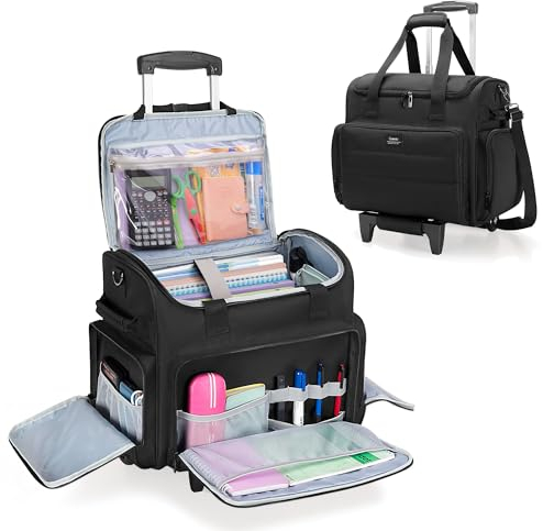 CURMIO Lehrertasche mit Rollen, Rolling Lehrer Arbeitstasche mit Erweiterbarer Aktenordner Fach, Ideal für Lehrerbedarf, Handwerk oder Geschäftsreisen, Schwarz (Patentiertes Design)