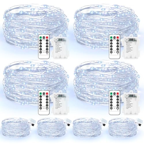 Maxee 4 Stück 20M + 4 Stück 3M LED Lichterkette Batterie, 8 Modi Fernbedienung mit Timer Lichterkette, IP65 Wasserdichte, Außen Lichterkette Draht für Weihnachten Innen Aussen Deko