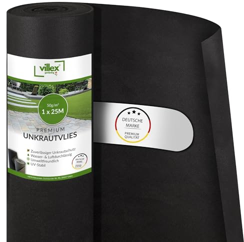 Villex - 25 m² Unkrautvlies 50g/m2 wasserdurchlässig - 25x1m | Jahrelanger Unkrautschutz | reißfestes,UV & witterungsbeständiges Gartenvlies - Vlies Garten Unkrautfolie - Unterbodengewebe Unkrautflies