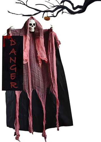 PAPU 150 cm Halloween Deko Hängende Geister mit Danger Schild,Horror Sensenmann Dekorationen Ghost zum Aufhängen Halloween Deko Gruselig Geist für Spukhaus-Requisiten,Garten Outdoor,Hof Rasen