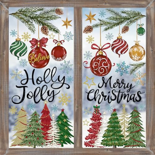 XOYTN 6 Sheets Christmas Stickers - Reusable Xmas Tree Ball Pine Needle Window Decals Double-Sided PVC Christmas Static Cling Stickers for Winter Xmas Window Glass Display Decoration