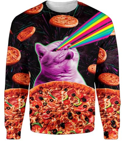 ACEPrints Funny Ugly Christmas Sweatshirts for Men Women for Men Women Polyester Sweatshirt, Cat Pizza, L