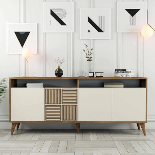 Dmora - Buffet Rotanev, Buffet du Salon, Commode de Salon, Garde-Manger de Cuisine, 180x35 h79 cm, Noyer et Crème