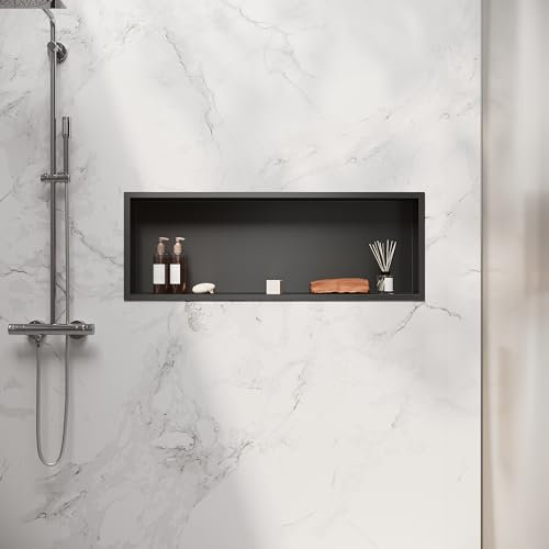 SIRHONA Niche de Salle de Bain, Niche de Douche Encastrée en Acier Inoxydable, Éléments de Rangement pour la Douche dans la Salle de Bain, 90 x 30 cm, Noir