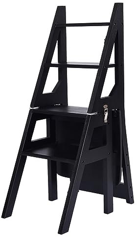 Wooden Folding Library Ladder Chair, Step Stool For Adults/Step Ladder/Counter Chair, 4-Step Portable Wooden Step Stool, for Adults Office Home Kitchen Outdoor (Color : Black)