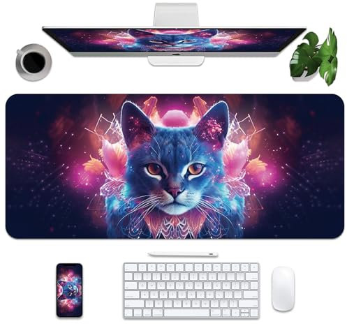 BLESWIN Leather Desk Mat 35.4 x 15.7, Desk Pad for Computer or Laptop, Large Mouse Pad for Keyboard or Mouse, Large Cover Mat for Table (35.4 x 15.7, Cat)