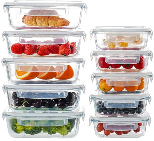 MESNEY Set da 10 Contenitori Ermetici per Alimenti in Vetro, Contenitori per Alimenti in Vetro Borosilicato con Coperchi Ventilati - Contenitori Meal Prep, Microonde, Congelatore, Lavastoviglie