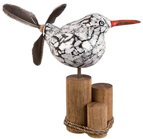 Tokoindah Vogel Windspiel Möwe Erna – Handgeschnitzte Holzfigur mit echtem Feder-Propeller – Maritime Deko im Shabby Chic Stil, Unikat für Balkon, Garten, 15 cm hoch