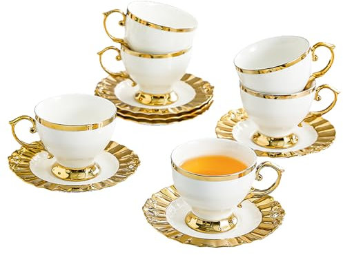 Juego de Té de Porcelana Vintage 6 Piezas – Tazas con Platillos y Bordes Dorados Estilo Inglés – Set Elegante para Té de La Tarde, Café O Regalo Sofisticado