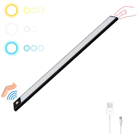 HOMPLEMENT - Luces LED para armarios y cabinas - Tira LED con batería recargable con USB - Sensor de movimiento - 3 tonos + regulable - 40 cm - Aluminio - Magnético (Negro, 1 unidad)