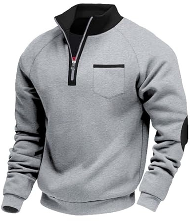 Aulemen Herren Sweatshirt Ohne Kapuze Half Zip Pullover Warm Sweatjacke | Arbeitspullover Herren mit Stehkragen,Flecee Warm,1/4 Reißverschluss,Brusttasche,Zweifarbiges,Ideale für Herbst-Winter Basic