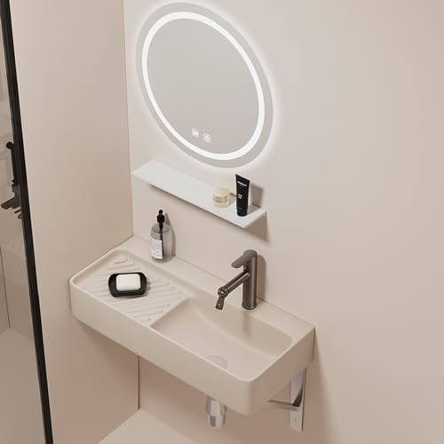 Lavabo De Baño De Pared, Lavabo Rectangular De Cerámica Brillante, Lavabos De Esquina Suspendido, Orificios De Drenaje Estándar.(Beige B,60x31x13.5cm)