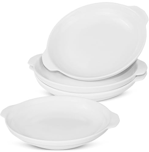 LONTOM Set of 4 Oval Serving Dishes Baking Dish with Handles, 8 inch White Ceramic Dinner Plates Microwave Oven Safe for Tapas, Lasagne, Quiche, Pies, Dessert, Salad and more