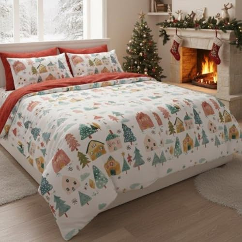 Faro Bettwäsche Set Baumwoll Weihnachtsbettwäsche (Rot Weiß - Winterhütten, 220x200 + 2x70x80 (3 TLG))