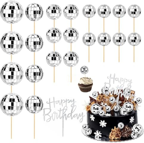 xolear 23 Stück Discokugel Tortendeko Kugeln Set mit Happy Birthday Schild | 4 Größen Cake Topper Ballons Mini, DIY Kuchendekoration Ballons,für 70er Jahre Motto Party, Geburtstag Dekorieren(Silber)