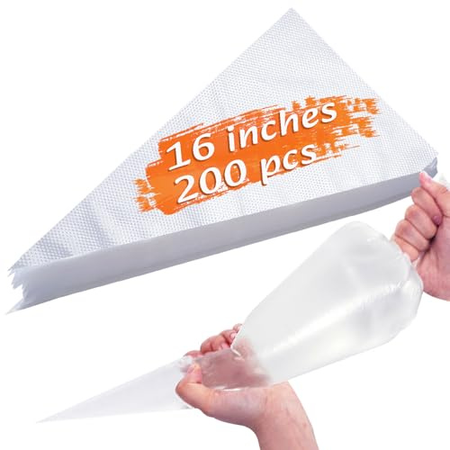 16 Inch Disposable Piping Bags, 200 Pack Icing Bags | Large Clear, Strong Pastry Bags for Cake Decorating, Icing, Baking and Cooking.