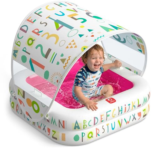 QPAU Piscina Inflable para Bebés con Toldo Extraíble Protección Solar 35x10, Fondo Acolchado, Piscina Infantil y de Bolas 3 en 1 con Asas, Portátil, Jardín/Interior, 1-3 Años, Rosa