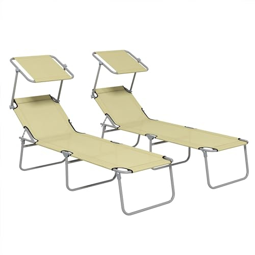 Outsunny Set mit 2 klappbaren Gartenliegen mit Verstellbarer Rückenlehne und Sonnendach, Gartenliege aus Oxford-Gewebe und Metall, für Strand und Pool, 187 x 58 x 36 cm, beige