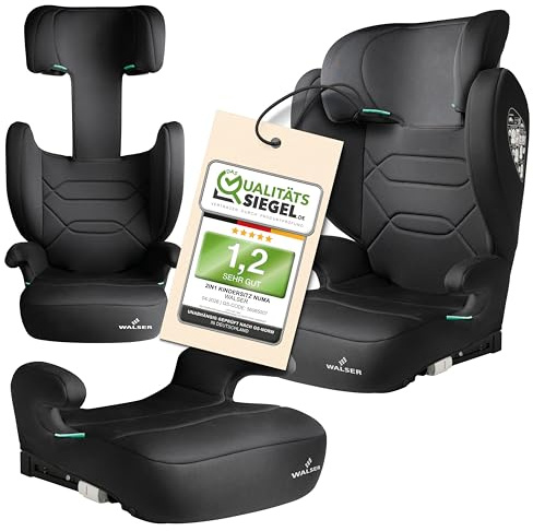 WALSER Premium Kindersitz Auto Numa, 2in1 ISOFIX Kinder Sitzerhöhung abnehmbare Rückenlehne + mitwachsende Kopfstütze 3-8 Jahre 100-150 cm neueste Norm ECE R 129, Sitzerhöhung Auto Kinder schwarz