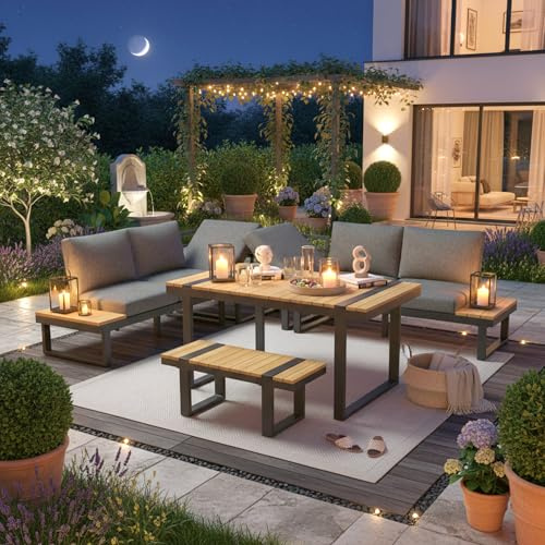 BTM 6-7 Seater Garden Lounge & Dining Set,Galvanized Iron Frame Outdoor Patio Furniture, 6-Piece Set,Includes 2 adjustable backrest seats, plastic wood tabletop, grey