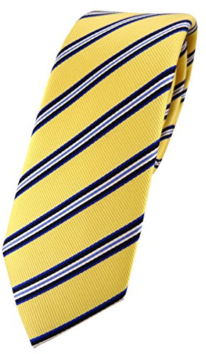 TigerTie schmale Designer Seidenkrawatte in gelb hellgold blau schwarz weiß gestreift - Krawatte 100% Seide