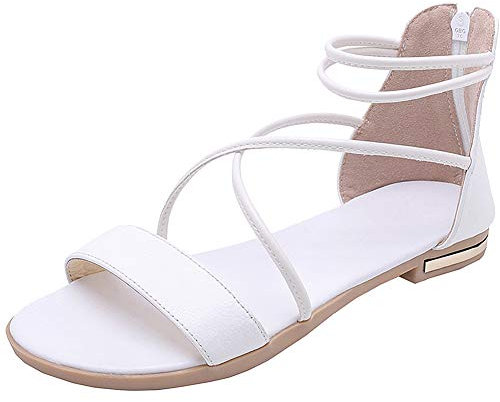 amropi Femme Été Bout Ouvert Croisé Bride Cheville Plates Sandales (Blanc,36 EU)