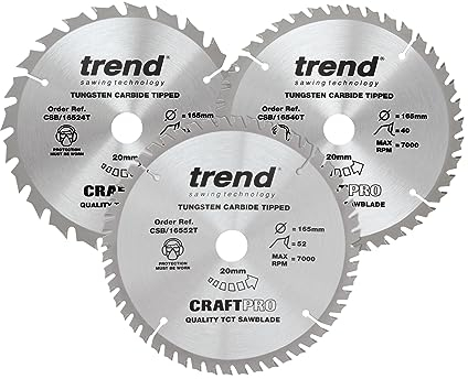 Trend Wood Cordless Circular Saw Blades, 165mm Diameter, 20mm Bore, 24/40 Teeth, 1.5mm Kerf, +15° Hook, TCT, Medium/Fine Finish, 3 Pack, CSB/165/3PK/C