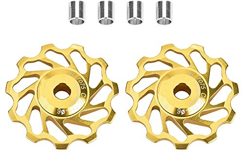VGEBY1 Fahrrad Umwerfer Riemenscheibe, 2 Stück 11 t / 13 t Fahrrad Führungsrolle Keramiklager hintere Riemenscheibe Stützrad mit Loch Adapter(11T-Golden)