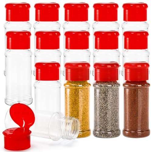 Kingrol 15 Pcs Plastic Spice Jars 100 ml Salt Pepper Shaker Seasoning Jar Spice Containers withe with Sifter Cap for Barbecue Kitchen Spices Powders Herbs Sauces